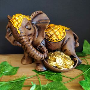 ELEFANTE COM MOEDAS AMARELO 14CM