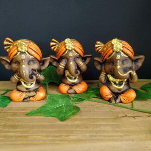 TRIO DE GANESHA ENVELHECIDO COM LARANJA 11CM
