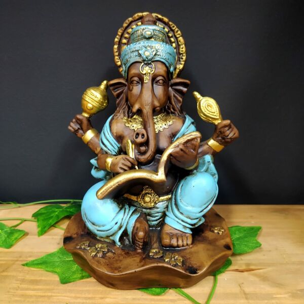 GANESHA COM LIVRO ENVELHECIDA COM AZUL 25CM