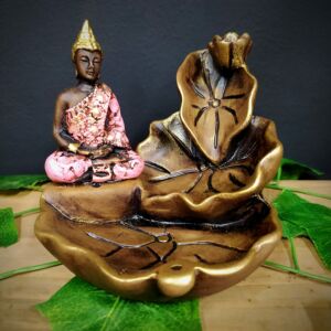 PORTA INCENSO CASCATA FOLHAS COM BUDA MAGRO ROSA 12CM