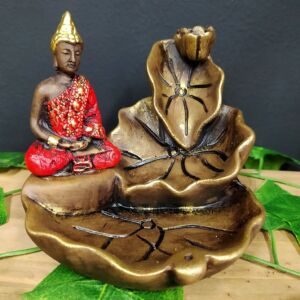 PORTA INCENSO CASCATA FOLHAS COM BUDA MAGRO VERMELHO 12CM