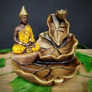 PORTA INCENSO CASCATA FOLHAS COM BUDA MAGRO AMARELO 12CM