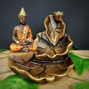 PORTA INCENSO CASCATA FOLHAS COM BUDA MAGRO LARANJA 12CM