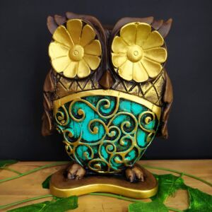 IMAGEM DE GESSO CORUJA ENVELHECIDA COM BARRIGA TURQUESA 20CM