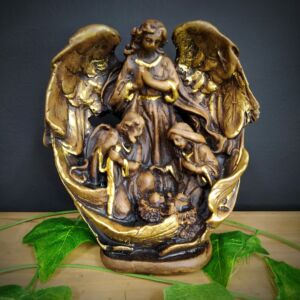 IMAGEM EM GESSO SAGRADA FAMÍLIA DENTRO DAS ASAS DO ANJO ENVELHECIDA 16CM
