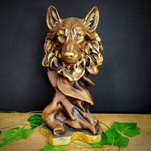 IMAGEM EM GESSO BUSTO DE LOBO ENVELHECIDO COM DOURADO 28CM