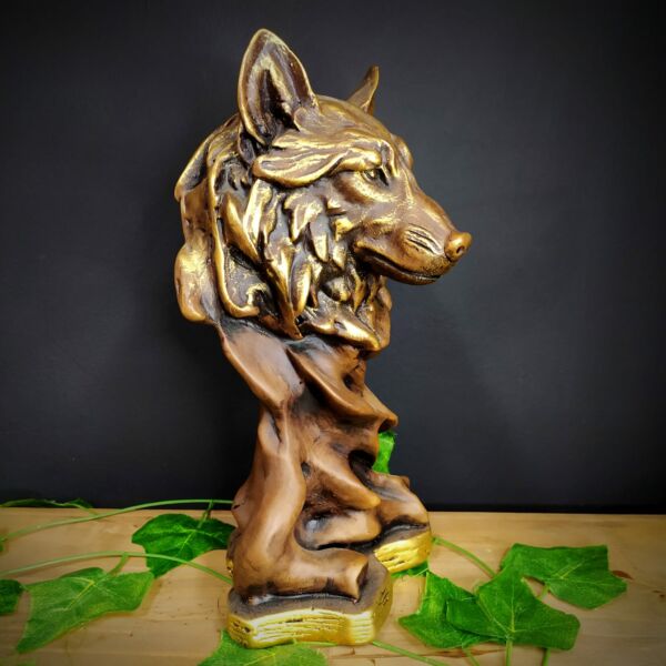 IMAGEM EM GESSO BUSTO DE LOBO ENVELHECIDO COM DOURADO 28CM - Image 2