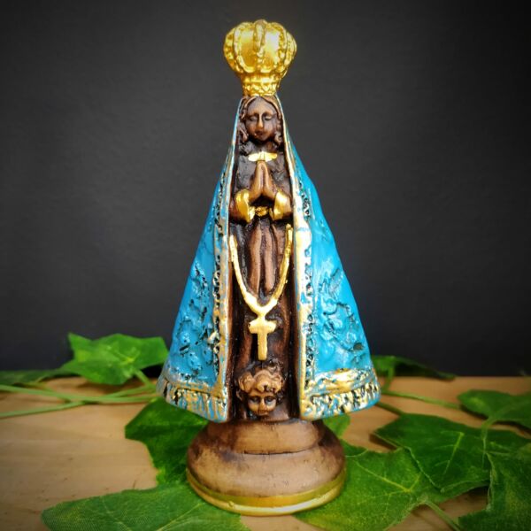 IMAGEM EM GESSO NOSSA SENHORA APARECIDA ENVELHECIDA COM MANTO AZUL P 16CM