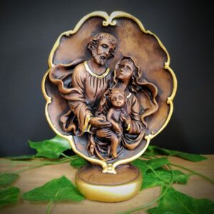 IMAGEM EM GESSO SAGRADA FAMÍLIA ENVELHECIDA COM BASE 20CM