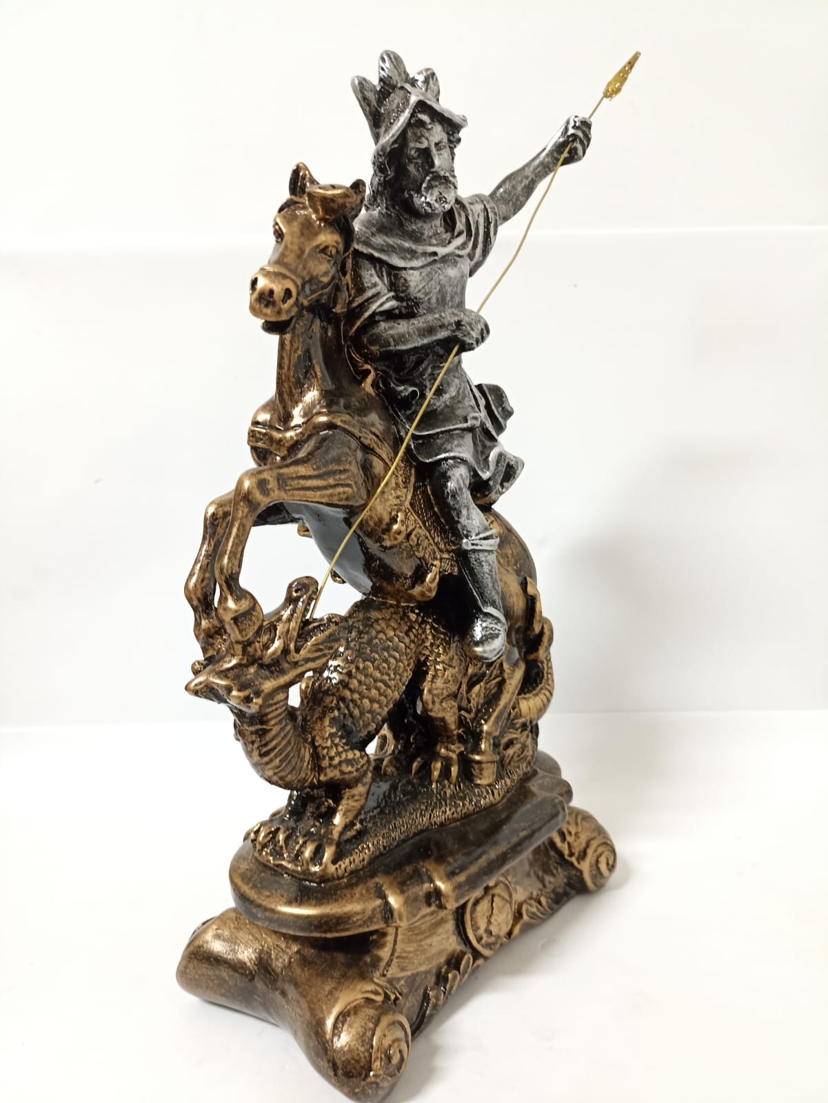 IMAGEM EM GESSO SÃO JORGE PRATA CAVALO DOURADO COM LANÇA 43CM - Imagem 5