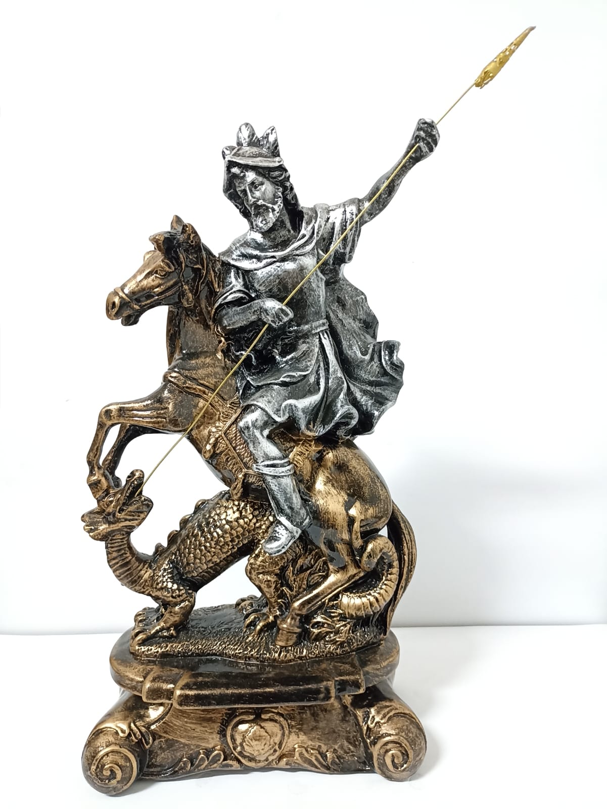 IMAGEM EM GESSO SÃO JORGE PRATA CAVALO DOURADO COM LANÇA 43CM - Imagem 4