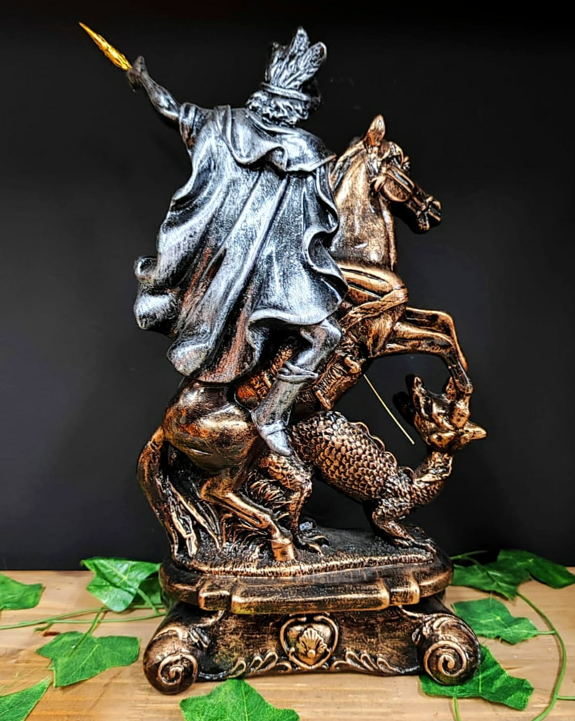 IMAGEM EM GESSO SÃO JORGE PRATA CAVALO DOURADO COM LANÇA 43CM - Imagem 3