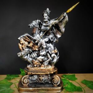 IMAGEM EM GESSO SÃO JORGE PRATA COM CAVALO BRONZE METALIZADO 30CM