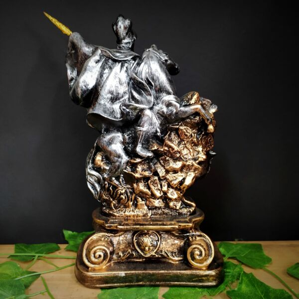 IMAGEM EM GESSO SÃO JORGE PRATA COM CAVALO BRONZE METALIZADO 30CM - Image 2