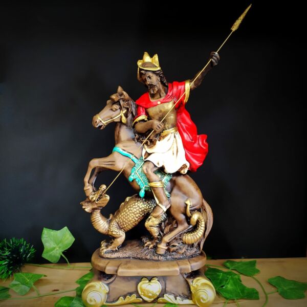 IMAGEM EM GESSO SÃO JORGE ENVELHECIDO COLORIDO COM LANÇA 43CM