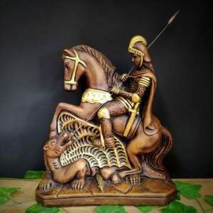 IMAGEM EM GESSO SÃO JORGE COM BASE ENVELHECIDO 38CM