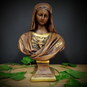 IMAGEM EM GESSO BUSTO SAGRADO CORAÇÃO DE MARIA NO PEDESTAL ENVELHECIDA 23CM