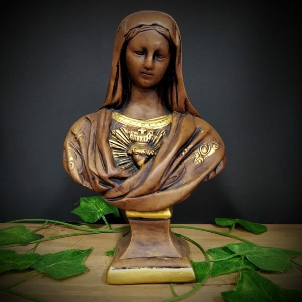 IMAGEM EM GESSO BUSTO SAGRADO CORAÇÃO DE MARIA NO PEDESTAL ENVELHECIDA 23CM