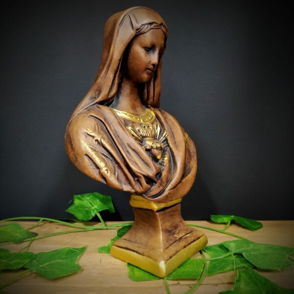 IMAGEM EM GESSO BUSTO SAGRADO CORAÇÃO DE MARIA NO PEDESTAL ENVELHECIDA 23CM - Image 2