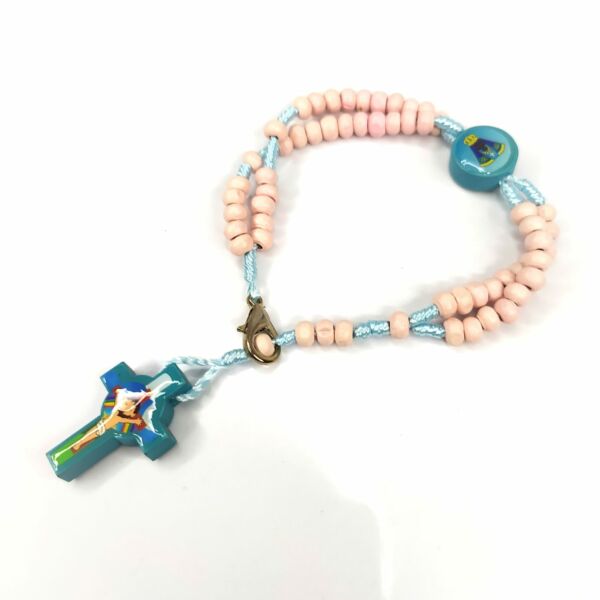 TERÇO PULSEIRA INFANTIL DE MADEIRA ROSA