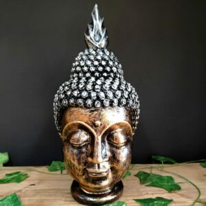 CABEÇA DE BUDA DOURADA COM CABELO PRATA METALIZADA 36CM