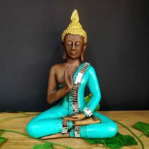 BUDA TAILANDÊS TURQUESA COM ESPELHOS 27CM