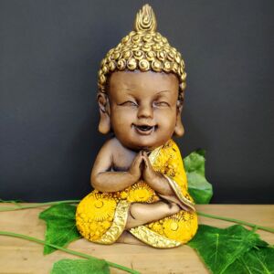 BUDA CRESPO SENTADO ENVELHECIDO COM AMARELO 19CM
