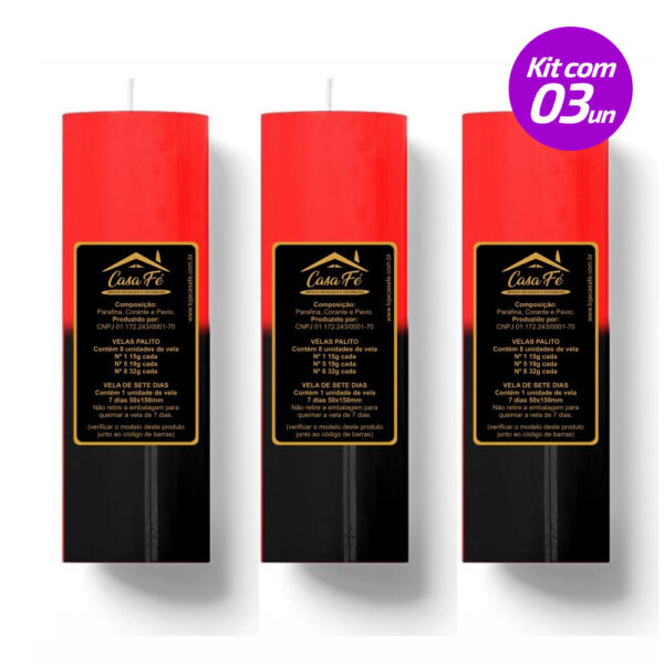 KIT 3 VELAS SETE DIAS 260G PRETA COM VERMELHA CASA FÉ