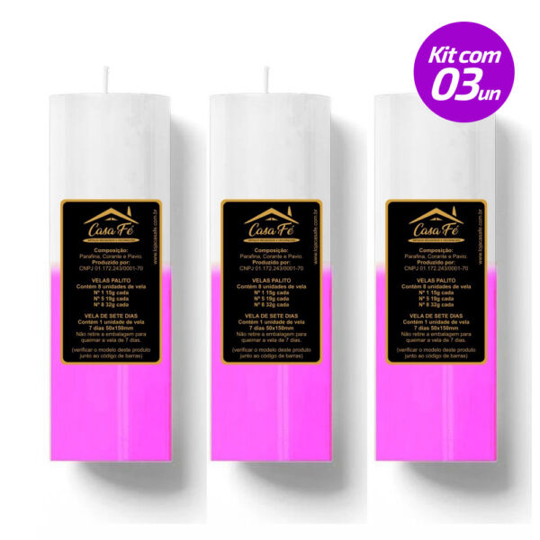 KIT 3 VELAS SETE DIAS 260G ROSA COM BRANCO CASA FÉ
