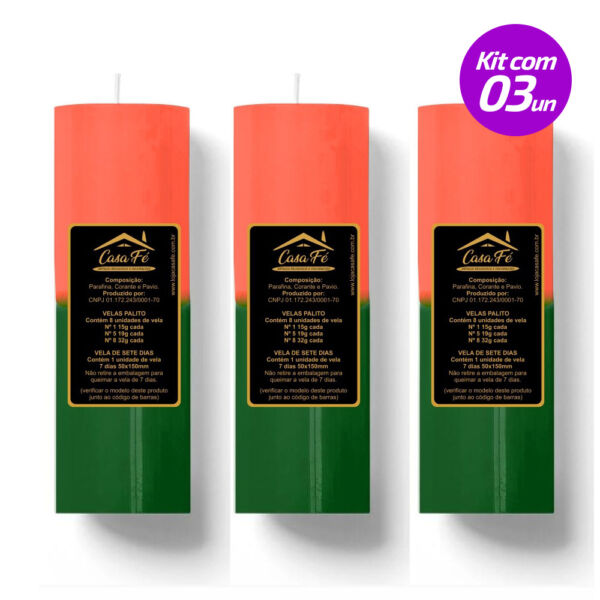 KIT 3 VELAS SETE DIAS 260G VERDE COM VERMELHA CASA FÉ