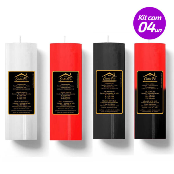 KIT 4 VELAS SETE DIAS 260G BRANCA PRETA VERMELHA E PRETA COM VERMELHA CASA FÉ