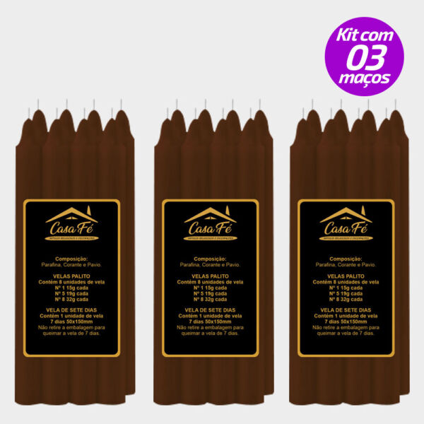 KIT 3 MAÇOS VELAS PALITO N5 MARROM 152G - CASA FÉ