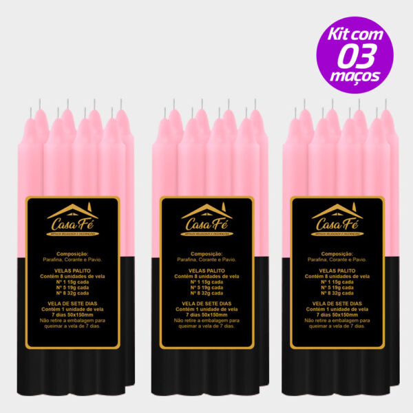 KIT 3 MAÇOS VELAS PALITO N5 PRETA COM ROSA 152G - CASA FÉ