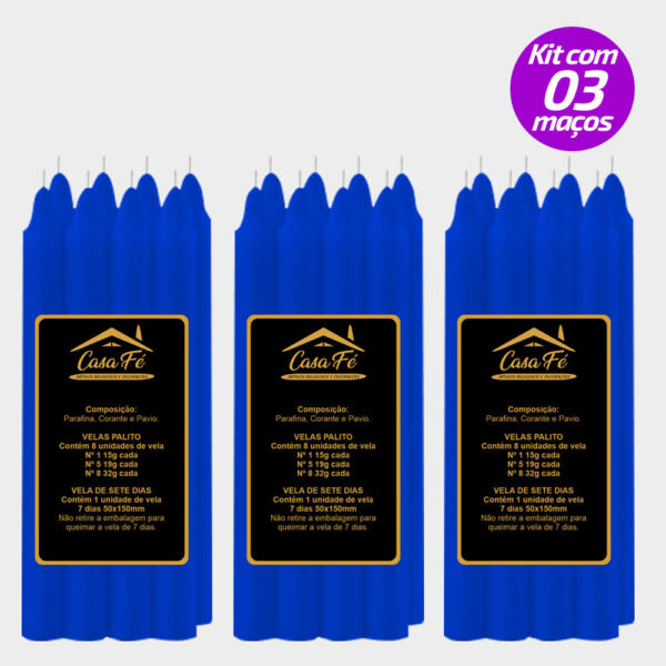 KIT 3 MAÇOS VELAS PALITO N1 AZUL ESCURO 120G - CASA FÉ