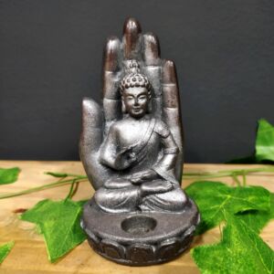 PORTA INCENSO BUDA NA MÃO GRAFITE 13CM