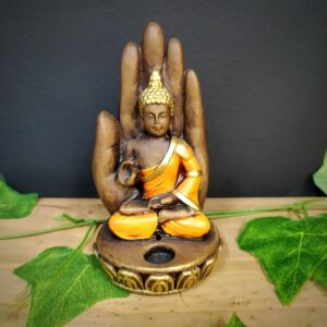PORTA INCENSO BUDA NA MÃO LARANJA 13CM