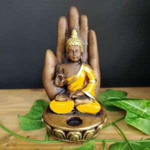 PORTA INCENSO BUDA NA MÃO AMARELO 13CM