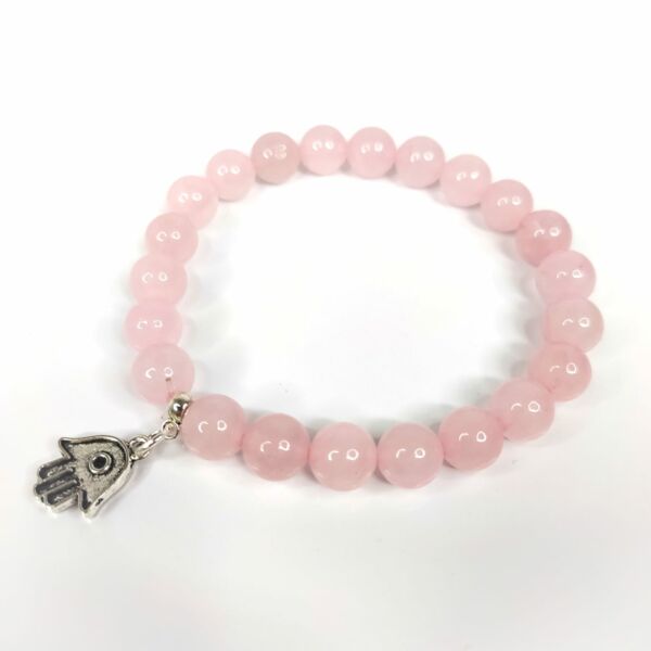 PULSEIRA DE CRISTAL QUARTZO ROSA COM PINGENTE MÃO DE FÁTIMA