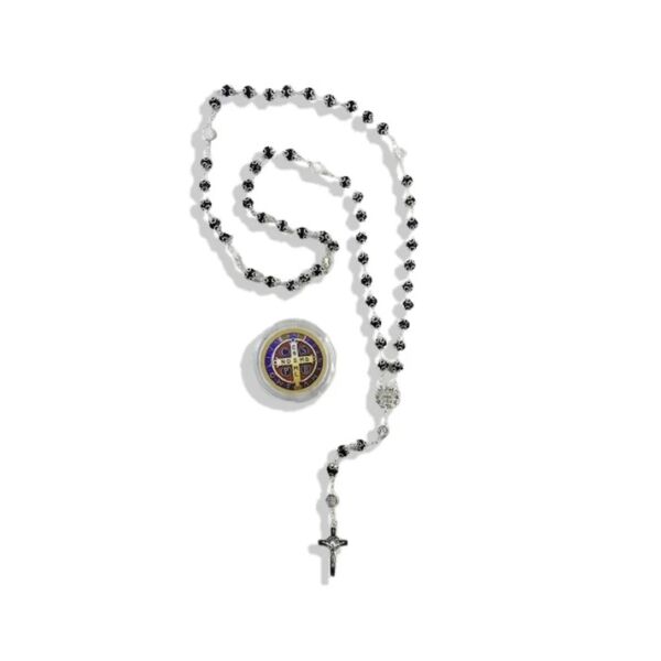 TERÇO CRISTAL TULIPA MEDALHA DE SÃO BENTO PRETO 7 MEDALHAS 8MM COM ESTOJINHO - Image 3