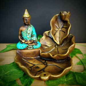 PORTA INCENSO CASCATA FOLHAS COM BUDA MAGRO TURQUESA 12CM