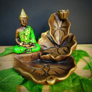 PORTA INCENSO CASCATA FOLHAS COM BUDA MAGRO VERDE 12CM