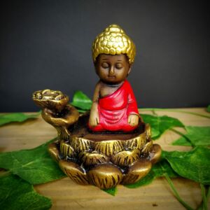 PORTA INCENSO CASCATA BUDA FLOR DE LÓTUS ENVELHECIDO COM VERMELHO 11CM