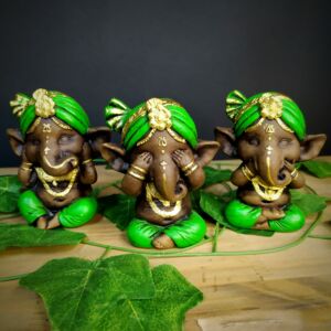 TRIO DE GANESHA ENVELHECIDO COM VERDE 11CM