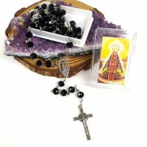 TERÇO NOSSA SENHORA APARECIDA CONTAS DE CRISTAL PRETO COM ESTOJINHO