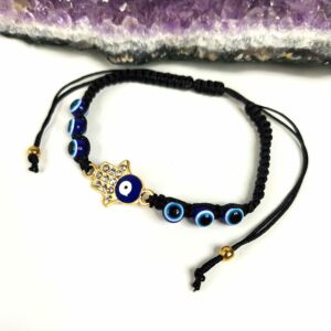 PULSEIRA DE PROTEÇÃO PRETA COM OLHO GREGO E MÃO DE FÁTIMA