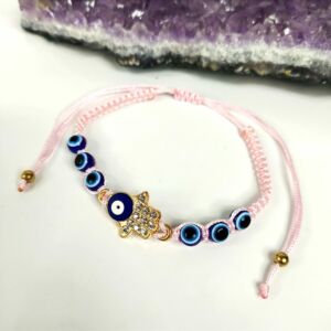PULSEIRA DE PROTEÇÃO ROSA COM OLHO GREGO E MÃO DE FÁTIMA