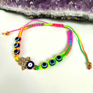 PULSEIRA DE PROTEÇÃO COLORIDA DEGRADÊ COM OLHO GREGO E MÃO DE FÁTIMA