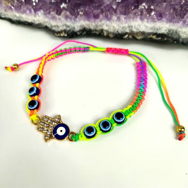 PULSEIRA DE PROTEÇÃO COLORIDA DEGRADÊ COM OLHO GREGO E MÃO DE FÁTIMA