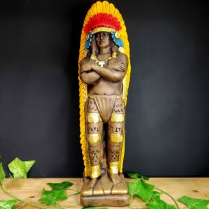 IMAGEM EM GESSO CABOCLO ENVELHECIDO COM PENAS AMARELA 47CM