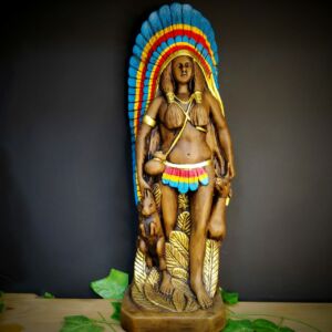IMAGEM EM GESSO CABOCLA CAÇADORA  51CM ENVELHECIDA PENAS COLORIDAS